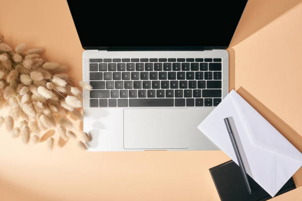 istock top view of laptop, lagurus spikelets, notebook, envelope and pen on beige background 1217107639