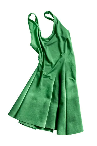 Green crumpled sleeveless mini dress on white background