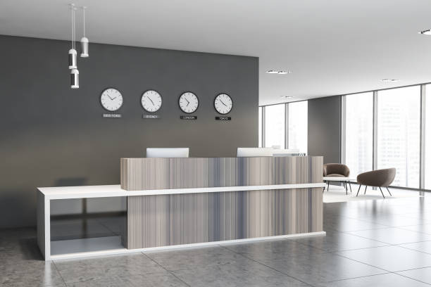 istock Gray international company reception and lounge 1217108711