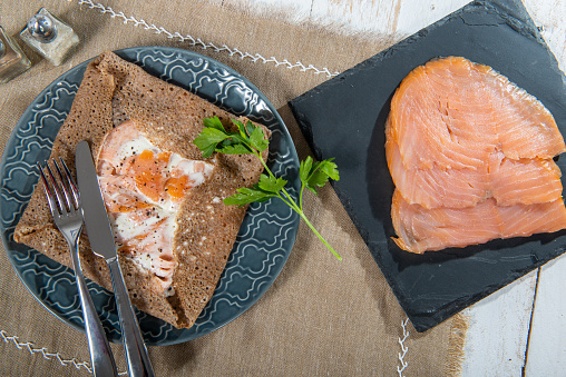 delicious breton crepe with salmon fillets