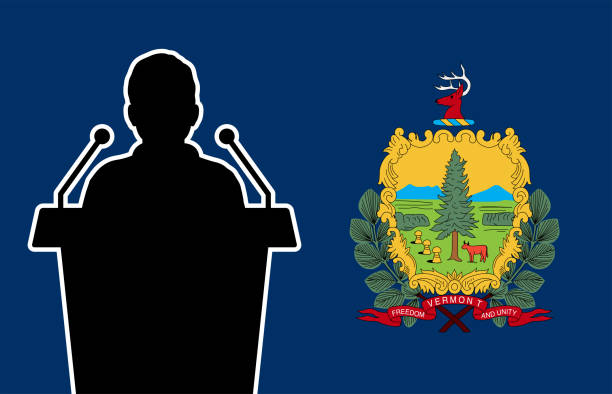 istock Vermont USA Flag Background Man Speaks. Business Man Presentation Conference Concept. 1217108876