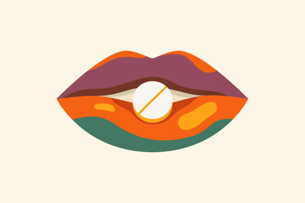 illustrazioni stock, clip art, cartoni animati e icone di tendenza di bocca femminile che prende pillola di medicina su sfondo bianco isolato. - usare la bocca