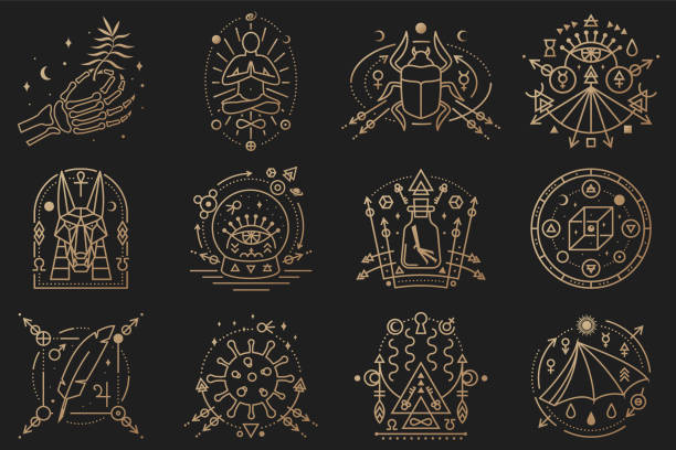 Esoteric symbols. Vector illustration. Outline icon for alchemy, sacred geometry. Mystic, magic design with man in yoga lotus pose, bat wing, chemistry flask, skull, gate, scarab beetle Esoteric symbols. Vector. Outline icon for alchemy, sacred geometry. Mystic, magic design with man in yoga lotus pose, bat wing, chemistry flask, skull, gate, scarab beetle, egyptian god Anubis bacterial mat stock illustrations