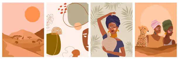 Vector illustration of Set of abstract posters with African woman, ceramic vase and jugs, plants, abstract shapes and landscape.