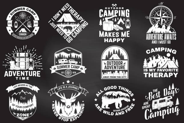 ilustrações de stock, clip art, desenhos animados e ícones de set of outdoor adventure quotes symbol. vector. concept for shirt or logo, print, stamp, tee. vintage design with hiking boots, camping tent, lantern, axe, mountains, bear, deer, forest silhouette - camping campfire boy scout girl scout