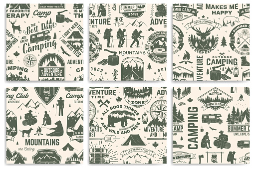 Set of summer camp seamless pattern or background. Vector. Retro typography design with rv trailer, tent, mountain, campfire, hiker and forest silhouette. For camping and hiking organizations