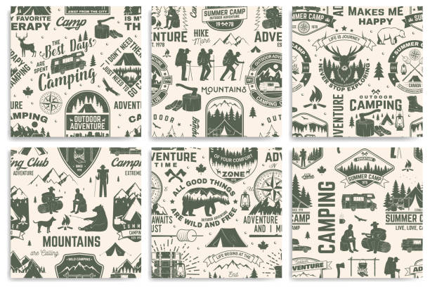 Set of summer camp seamless pattern, background. Vector. Retro typography design with rv trailer, tent, mountain, campfire, hiker and forest silhouette. For camping and hiking organizations Set of summer camp seamless pattern or background. Vector. Retro typography design with rv trailer, tent, mountain, campfire, hiker and forest silhouette. For camping and hiking organizations camping patterns stock illustrations