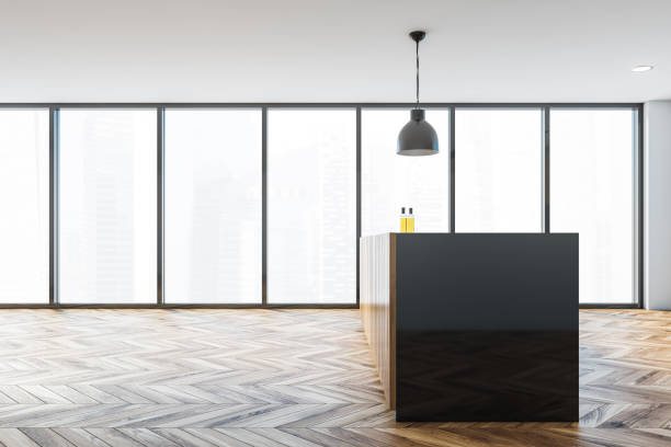 istock Panoramic wooden floor kitchen with island 1217110056