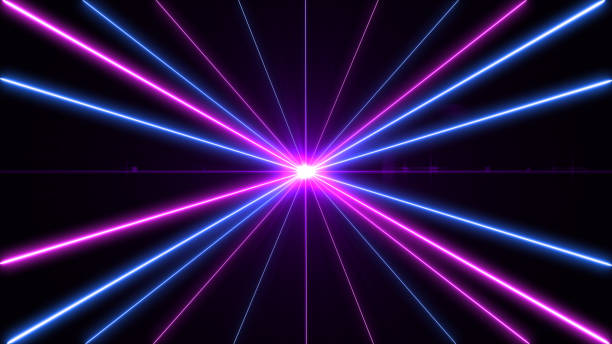 istock Retro cyberpunk style 80s. Abstract neon color light party bright lens flare on black background. Laser show colorful design for banners advertising technologies 1217110077