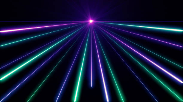 istock Retro cyberpunk style 80s. Abstract neon color light party bright lens flare on black background. Laser show colorful design for banners advertising technologies 1217110080