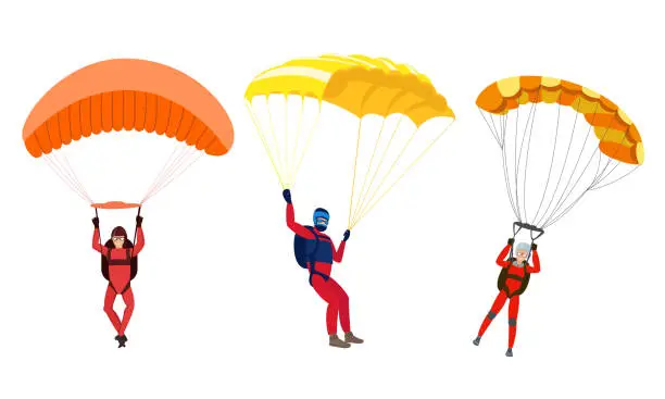 Vector illustration of Happy smiling young people skydivers with parachutes enjoying flight vector illustration