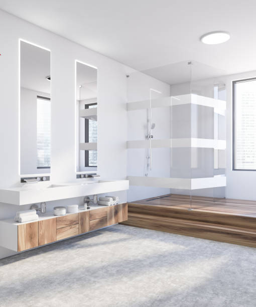 istock White and wooden bathroom with shower and sink 1217110368