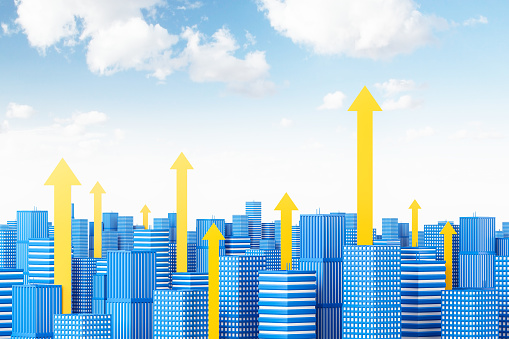 Concept of city growth and development. City model with blue skyscrapers and bright yellow arrows over cloudy sky background. 3d rendering