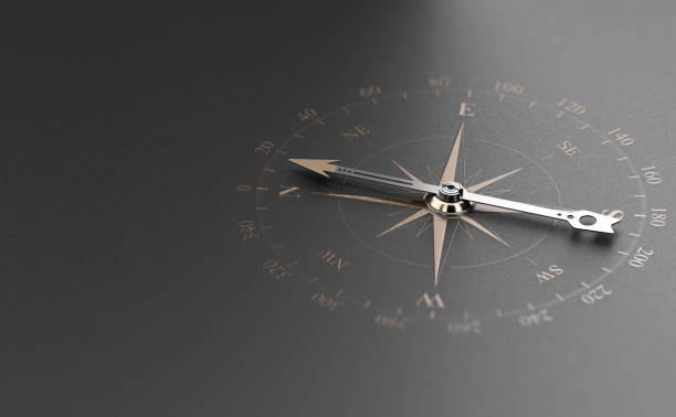 Business Guidance Or Orientation Concept. Compass over Black Background Golden compass over modern black background. Concept of business guidance or orientation, 3D illustration. compass stock pictures, royalty-free photos & images