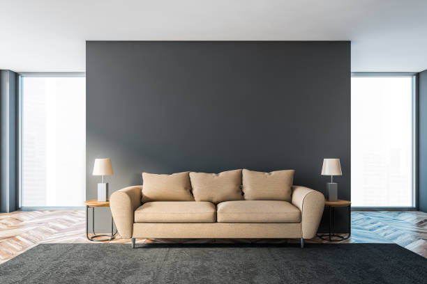 istock Gray living room interior with beige sofa 1217111445