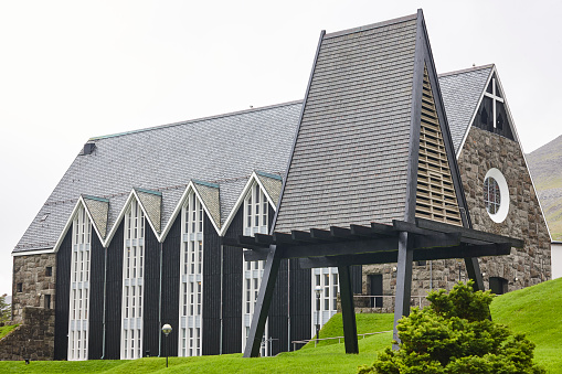 Klaksvik traditional church with exempt bell tower in Faroe Islands