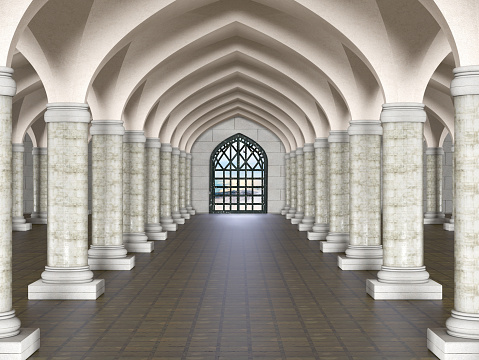 Gallery with stone columns, vaulted ceilings and tiled floors. For photo wallpaper and backgrounds 3D illustration 3D rendering