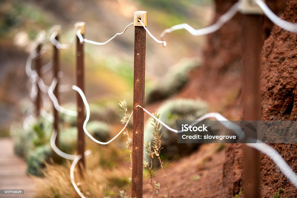 Very shallow depth of field image of wire fence Very shallow depth of field image of wire fence running along the track leading down to the beach at Cape Schanck, Mornington Peninsula, Victoria Victoria - Australia Stock Photo