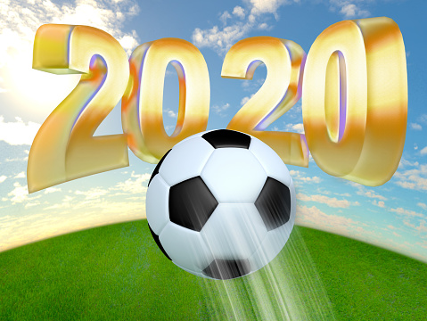 Soccer championship 2020  3d rendering. Soccer ball flying to the sky in gold lettering 2020, football 2020