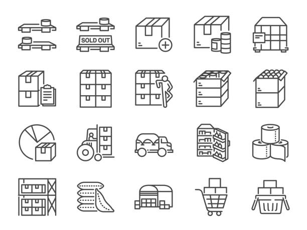 zestaw ikon linii zapasów. zawiera ikony jako pudełka, kontener, zapasy, materiały eksploatacyjne, zapasy, jedzenie i wiele innych. - warehouse stock illustrations