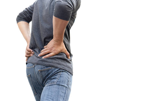 istock Man hand holding painful back isolated in white background. 1217113112