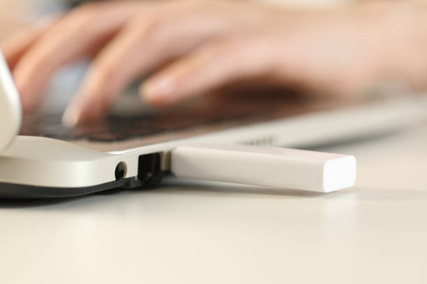 istock Woman hands working on laptop with plugged pendrive on foreground 1217114312