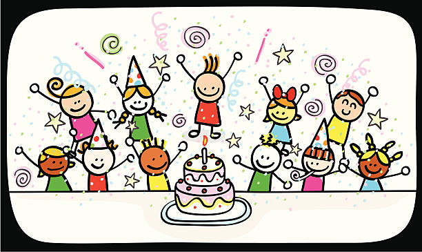 happy children friends celebrating birthday party cartoon illustration vector art illustration