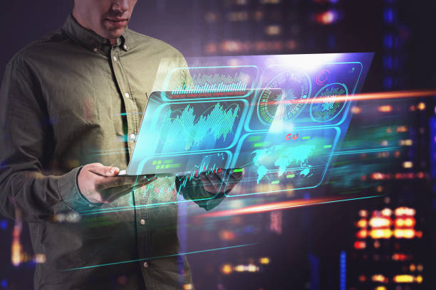 istock Engineer with laptop in city infographic interface 1217115402