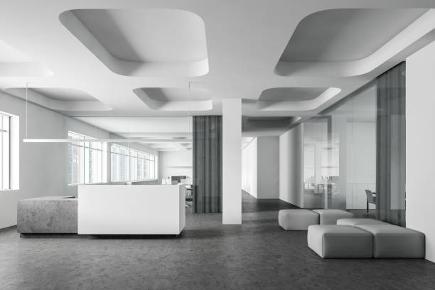 istock White reception and lounge in futuristic office 1217115753
