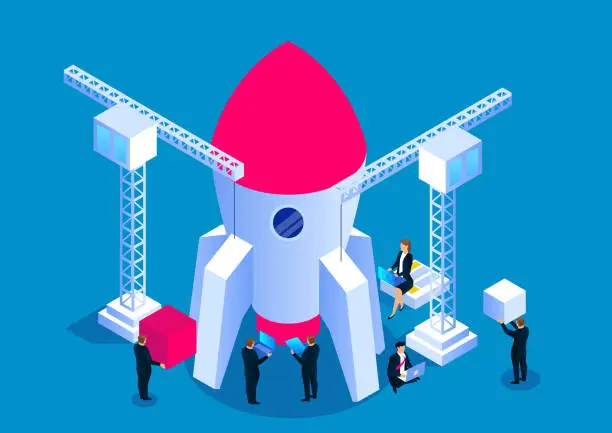 Vector illustration of Business development concept, business team building rocket