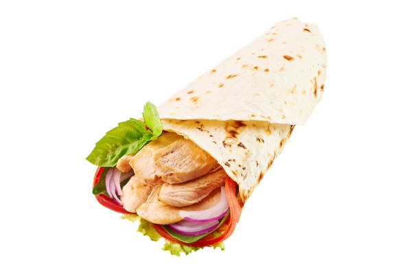 istock Chicken Roll or Shawarma or Doner isolated on white background. Shawarma tomato, red onion, lettuce and chicken meat. Fast Food, Isolate 1217116985
