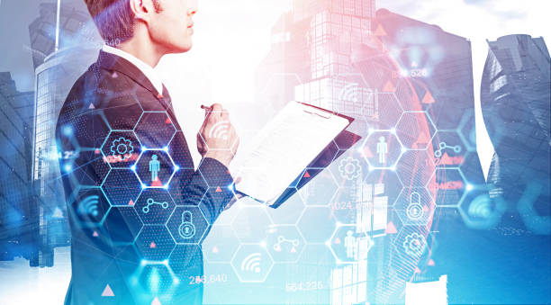 istock Man with clipboard in city, business interface 1217117010