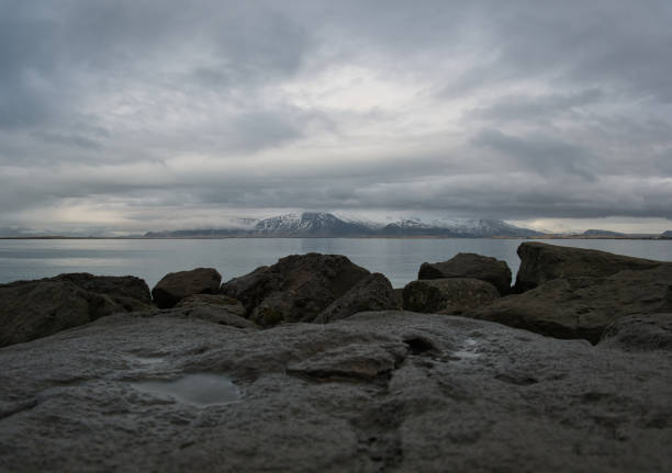 The low hanging clouds on the coast of Reykjavik in winter