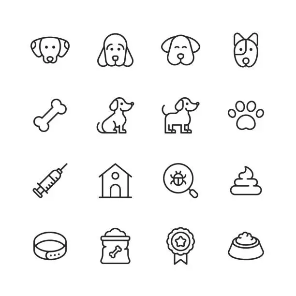 Vector illustration of Dog Line Icons. Editable Stroke. Pixel Perfect. For Mobile and Web. Contains such icons as Dog, Puppy, Kennel, Domestic Animal, Dog Bone, Syringe, Badge, Dog Paw, Veterinarian, Pet Bowl, Dog Food.