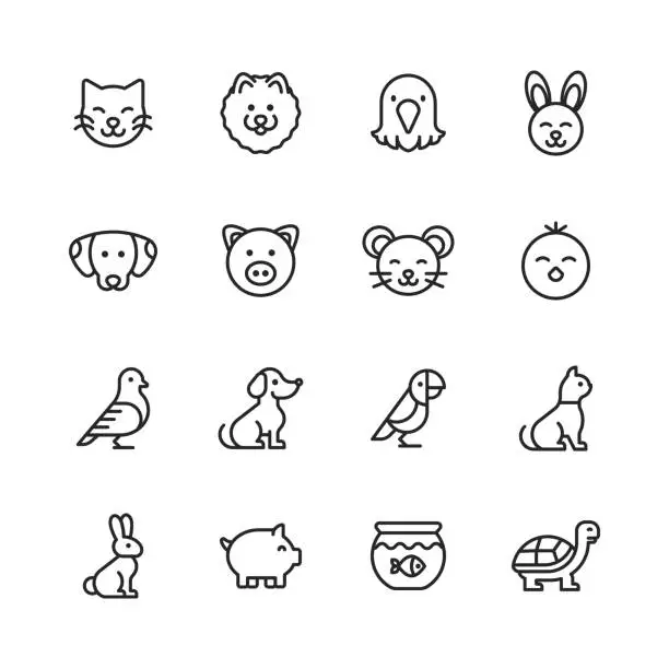 Vector illustration of Pets Line Icons. Editable Stroke. Pixel Perfect. For Mobile and Web. Contains such icons as Cat, Kitten, Dog, Puppy, Eagle, Bird, Bunny, Rabbit, Mouse, Chick, Golden Fish, Pig, Tortoise.