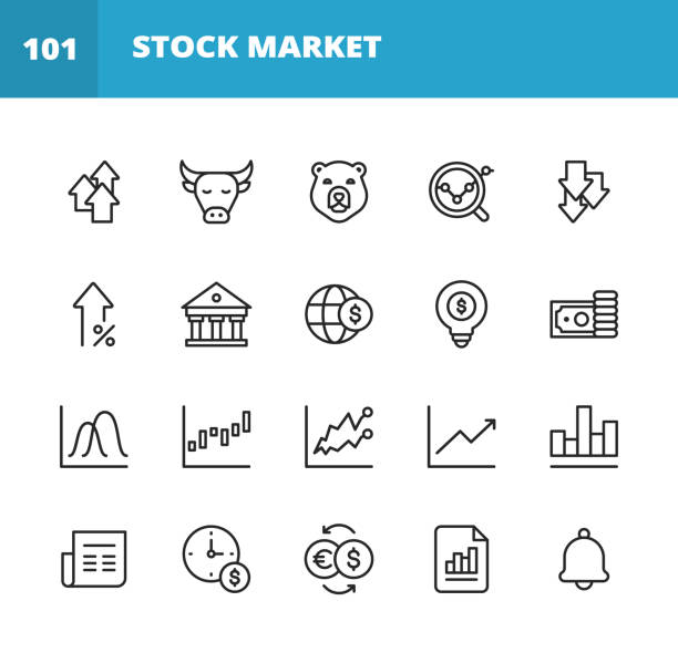 Stock Market Line Icons. Editable Stroke. Pixel Perfect. For Mobile and Web. Contains such icons as Stock Market, Currency Exchange, Cryptocurrency, Savings, Investment, Bull Market, Bear Market, Data, Graph, Technical Analysis, Growth, Recession. 20 Stock Market Outline Icons. us recession stock illustrations