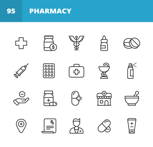 약국 라인 아이콘입니다. 편집 가능한 스트로크입니다. 픽셀 완벽한. 모바일 및 웹용. 약국, 알약, 캡슐, 예방 접종, 약국, 진통제, 처방전, 주사기, 의사, 병원 과 같은 아이콘이 포함되어 있습니� - health symbols stock illustrations