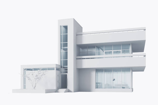 istock Modern house with a balcony and a high staircase, project in gray materials with daylight on a white background. 3D stock illustration. 1217121783