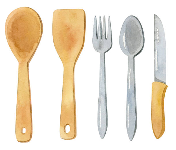 istock Watercolor cutlery - kitchen accessories - fork, spoon, knife, wooden spoon 1217123070