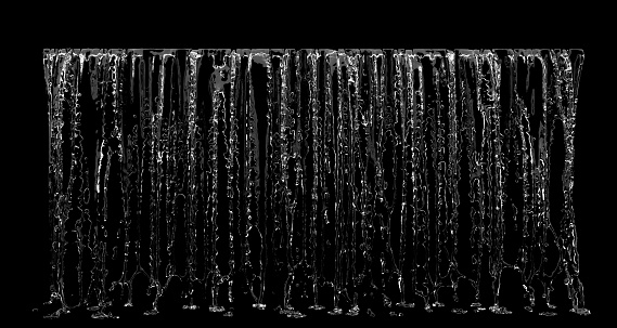 Liquid Waterfall falling splash on front view on black background. 3D Render