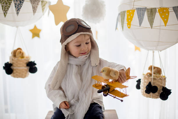 nettes kleines kind, junge, spielen mit küken zu hause, vorgeben, dass er in den himmel fliegt, pilot mit flugzeug - baby chicken human hand young bird bird stock-fotos und bilder