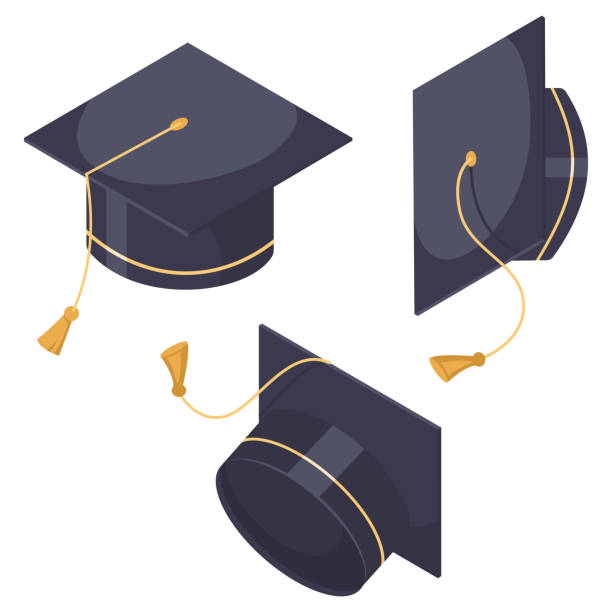 istock Graduation hat set. Vector flat cartoon cap icons in different positions isolated on white background. 1217126972