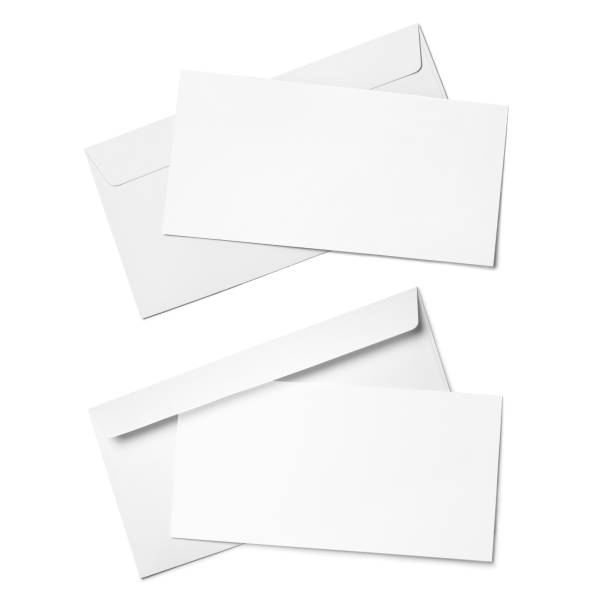 istock Set of white envelopes with blank paper sheets on white 1217128820