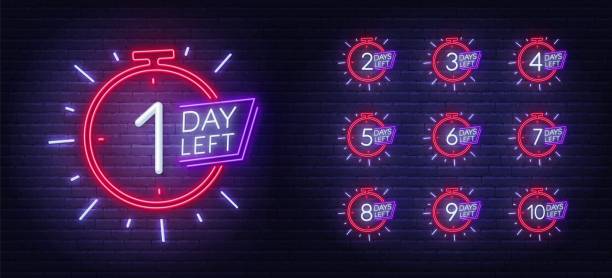 Number of days left. Neon sign countdown days to event. Neon sign countdown days to event on brick wall background. Number of days left. countdown stock illustrations