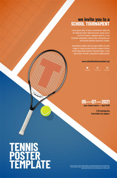 Tennis tournament poster template with sample text Tennis tournament poster template with racket, ball, playground, net shadow and sample text in separate layer - vector illustration tennis stock illustrations