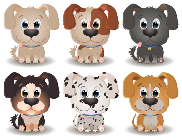 ilustrações, clipart, desenhos animados e ícones de conjunto vetorial com cães bonitos cria em estilo de desenho animado. game ui flat. cachorrinhos em cores diferentes. - polka dot audio