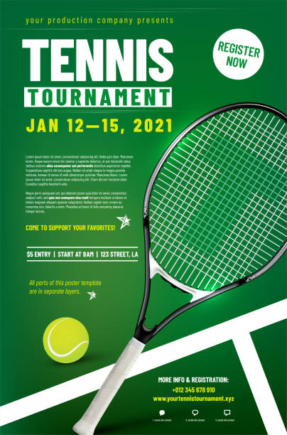 ilustraciones, imágenes clip art, dibujos animados e iconos de stock de plantilla de póster de torneo de tenis con raqueta y pelota - tennis court vector tennis racket
