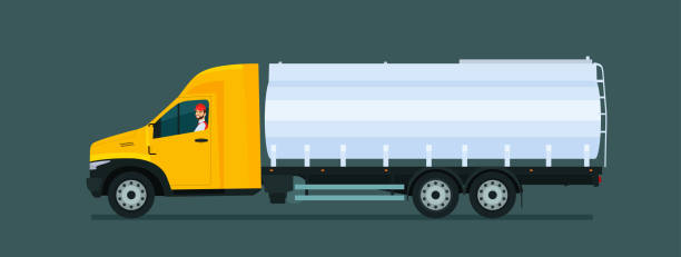 ilustrações, clipart, desenhos animados e ícones de caminhão de transporte cisterna com motorista isolado. ilustração de estilo plano vetorial. - truck fuel tanker semi truck milk tanker