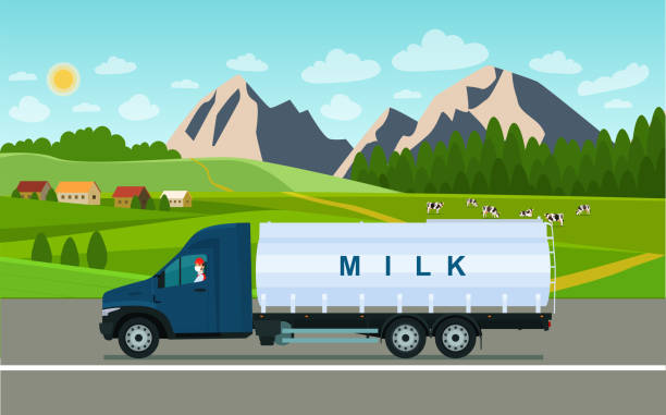 przewoźnik mleka jeździ na tle wiejskiego krajobrazu z krowami. wektor płaska ilustracja stylu. - milk tanker obrazy stock illustrations