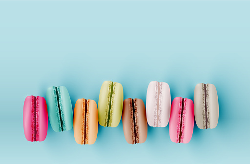 High detailed colourful macarons on blue background, vector illustration